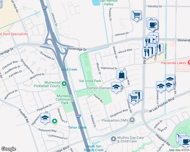 map of restaurants, bars, coffee shops, grocery stores, and more near 6852 Massey Court in Pleasanton