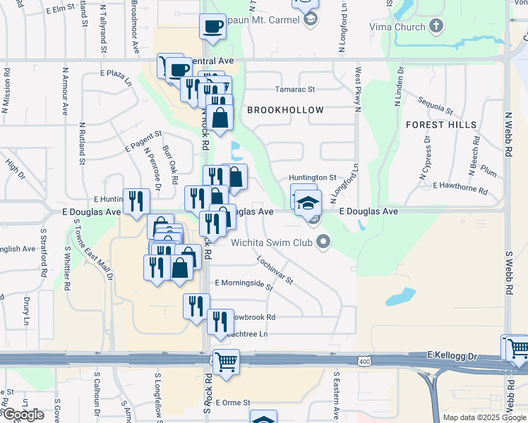 map of restaurants, bars, coffee shops, grocery stores, and more near 8317 East Douglas Avenue in Wichita