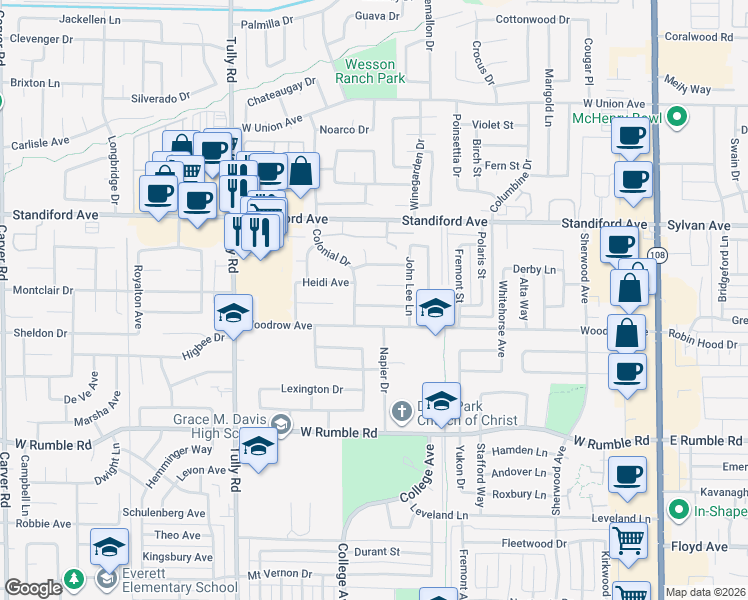 map of restaurants, bars, coffee shops, grocery stores, and more near 921 Woodrow Avenue in Modesto
