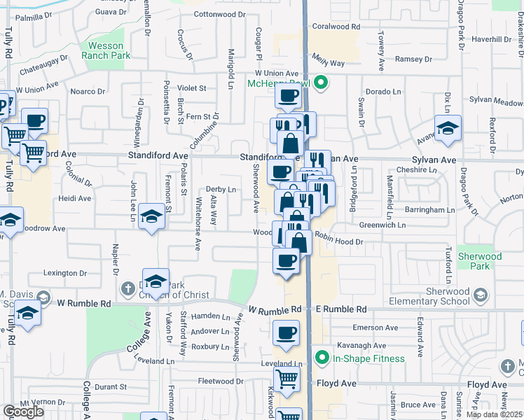 map of restaurants, bars, coffee shops, grocery stores, and more near 3316 Sherwood Avenue in Modesto