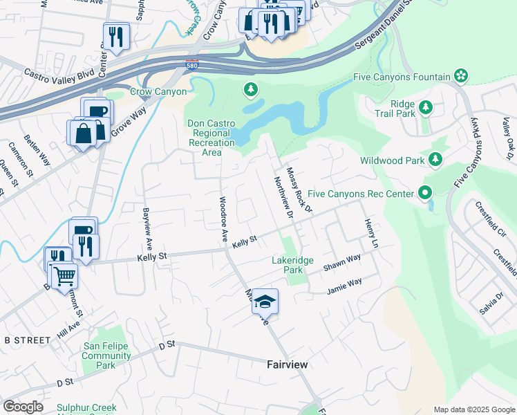 map of restaurants, bars, coffee shops, grocery stores, and more near 22653 Byron Street in Hayward