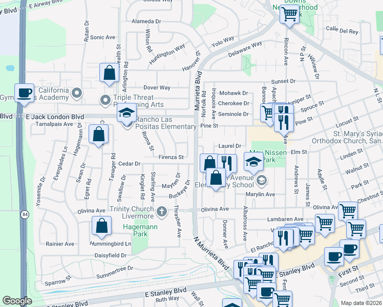 map of restaurants, bars, coffee shops, grocery stores, and more near 807 Placenza Street in Livermore