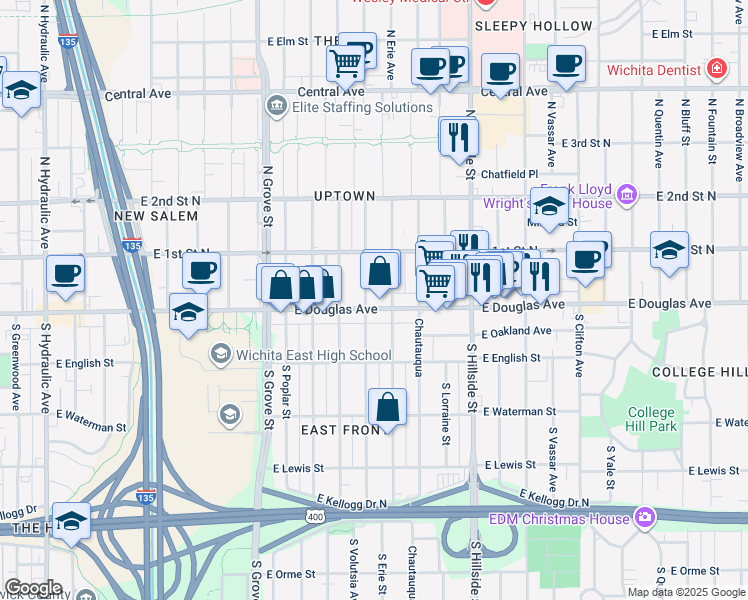 map of restaurants, bars, coffee shops, grocery stores, and more near in Wichita