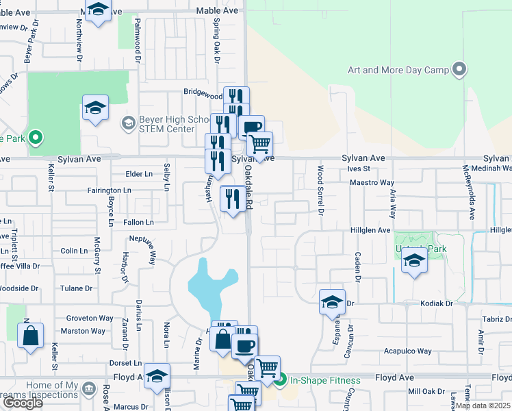 map of restaurants, bars, coffee shops, grocery stores, and more near 3336 Oakdale Road in Modesto