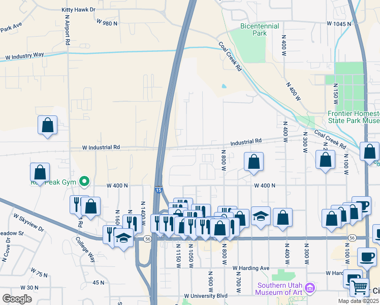 map of restaurants, bars, coffee shops, grocery stores, and more near 1102 Brook Street in Cedar City