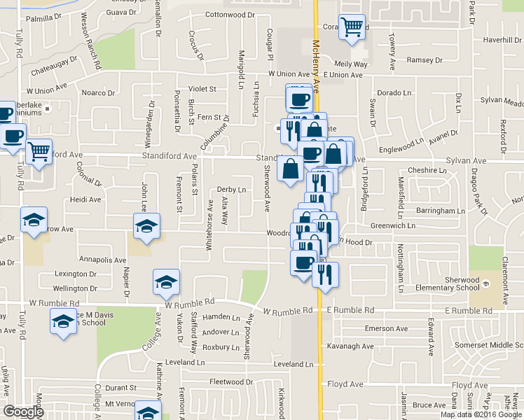 map of restaurants, bars, coffee shops, grocery stores, and more near 3305 Sherwood Avenue in Modesto