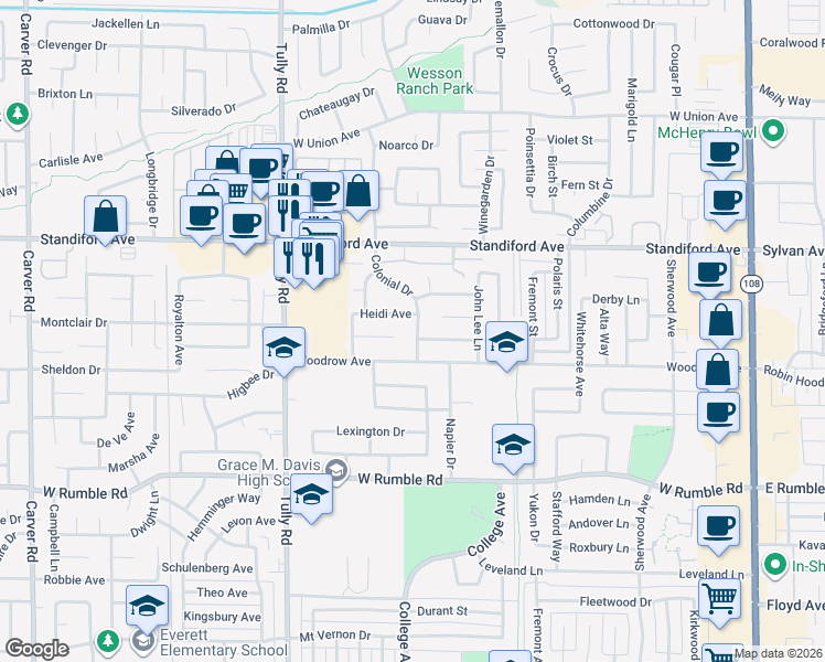 map of restaurants, bars, coffee shops, grocery stores, and more near 1009 Woodrow Avenue in Modesto