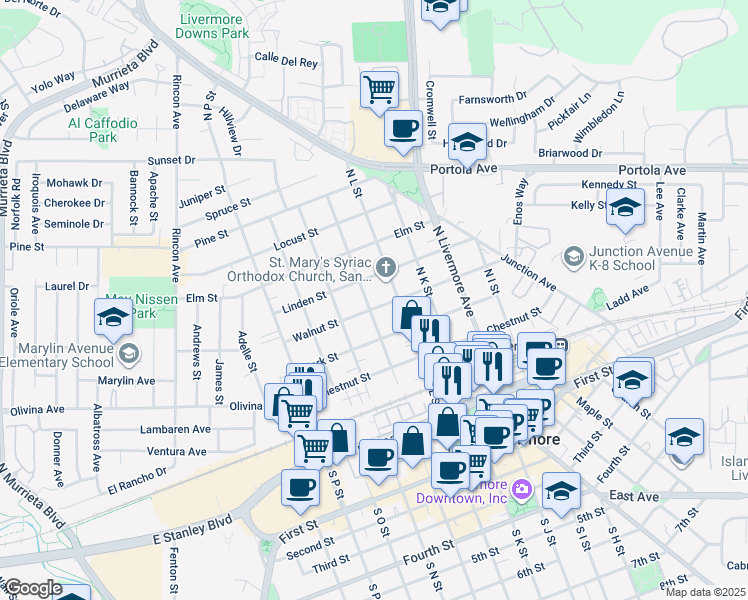 map of restaurants, bars, coffee shops, grocery stores, and more near 462 North M Street in Livermore