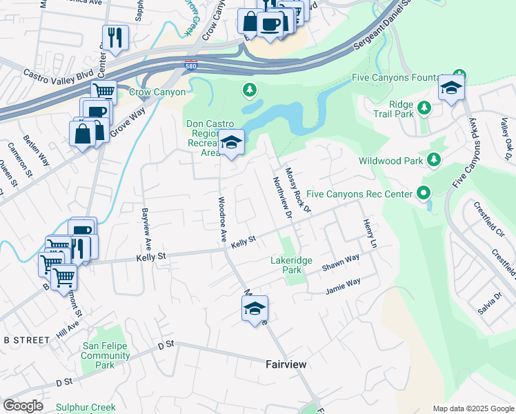 map of restaurants, bars, coffee shops, grocery stores, and more near 22653 Byron Street in Hayward