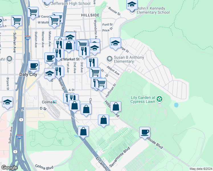 map of restaurants, bars, coffee shops, grocery stores, and more near 672 Villa Street in Daly City