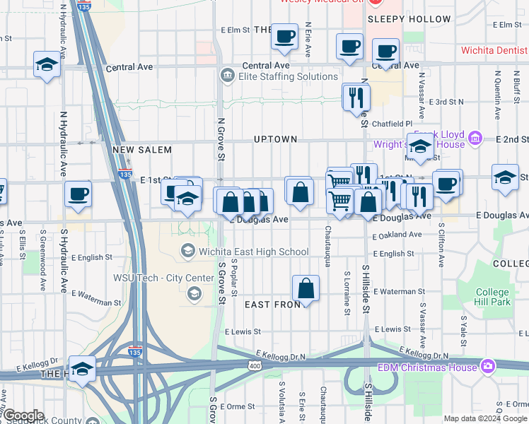 map of restaurants, bars, coffee shops, grocery stores, and more near 2621 East Douglas Avenue in Wichita