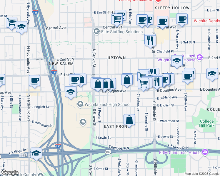 map of restaurants, bars, coffee shops, grocery stores, and more near 2621 East Douglas Avenue in Wichita
