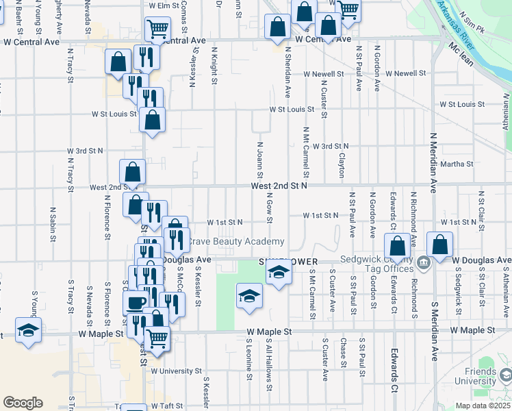 map of restaurants, bars, coffee shops, grocery stores, and more near 201 Joann North in Wichita