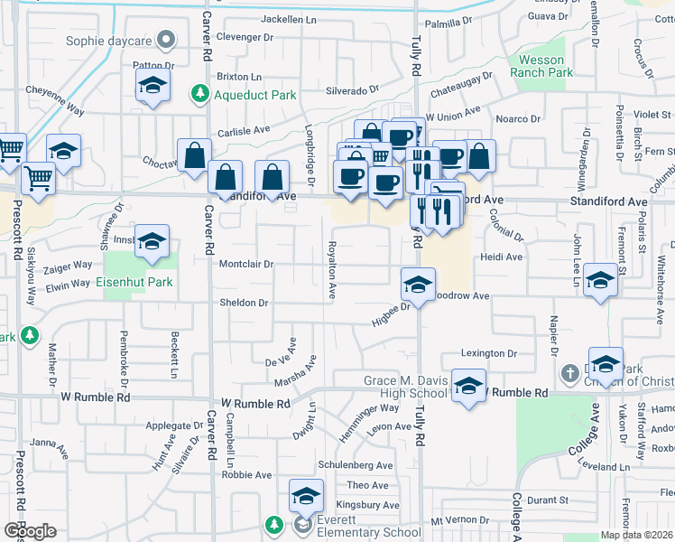 map of restaurants, bars, coffee shops, grocery stores, and more near 3305 Royalton Avenue in Modesto