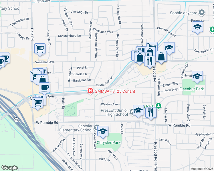 map of restaurants, bars, coffee shops, grocery stores, and more near 2317 Northridge Drive in Modesto