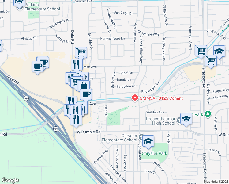 map of restaurants, bars, coffee shops, grocery stores, and more near 2616 Bridle Path Lane in Modesto