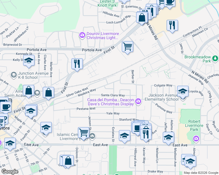 map of restaurants, bars, coffee shops, grocery stores, and more near 3892 Santa Clara Way in Livermore
