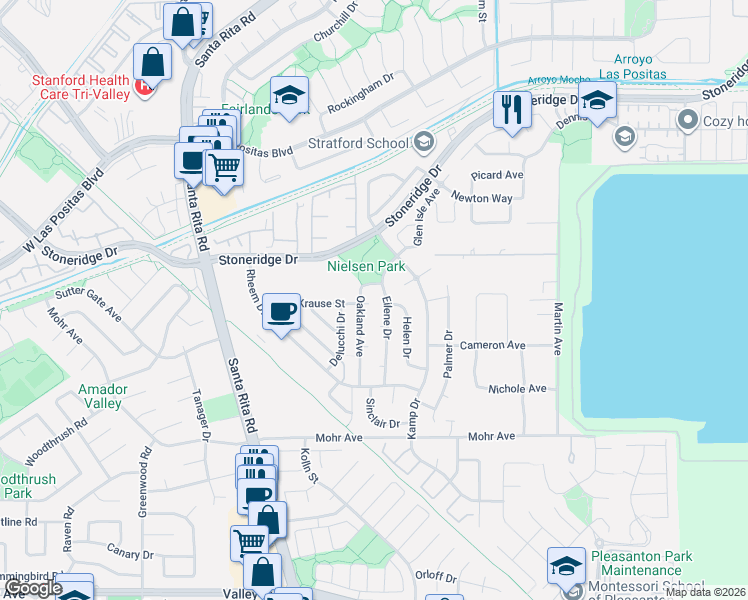 map of restaurants, bars, coffee shops, grocery stores, and more near 4043 Sutherland Court in Pleasanton