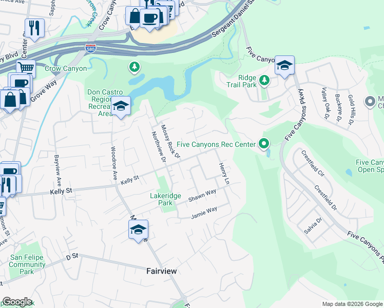 map of restaurants, bars, coffee shops, grocery stores, and more near 3257 Kelly Street in Hayward