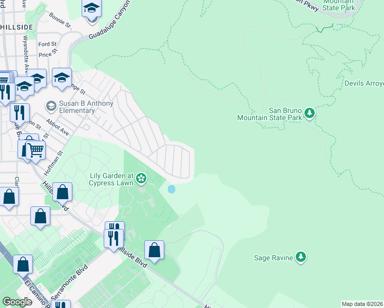 map of restaurants, bars, coffee shops, grocery stores, and more near 89 Yacht Lane in Daly City