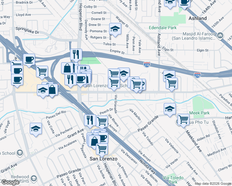 map of restaurants, bars, coffee shops, grocery stores, and more near 15607 Via Granada in San Lorenzo