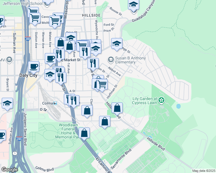 map of restaurants, bars, coffee shops, grocery stores, and more near 649 Villa Street in Daly City