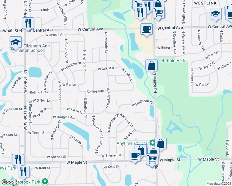 map of restaurants, bars, coffee shops, grocery stores, and more near 10822 Meribeau Court in Wichita