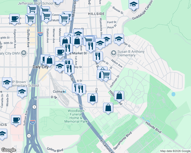 map of restaurants, bars, coffee shops, grocery stores, and more near 474 A Street in Daly City