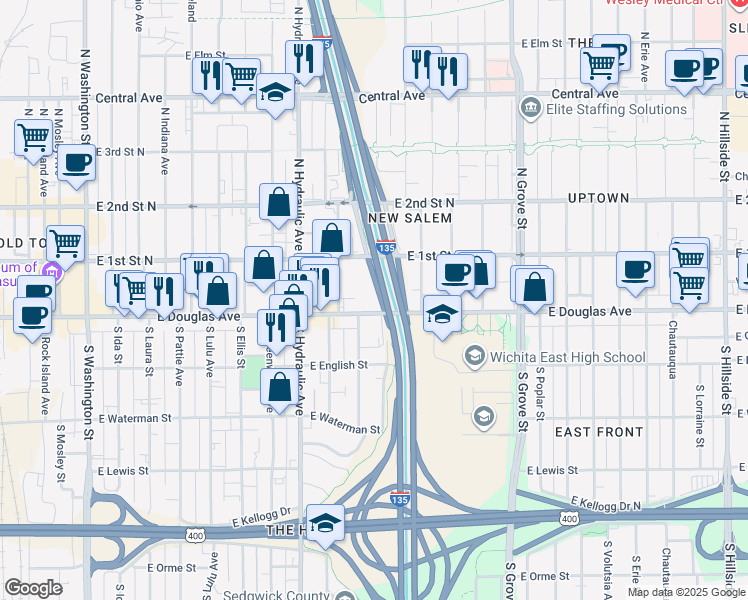 map of restaurants, bars, coffee shops, grocery stores, and more near 1919 East Douglas Avenue in Wichita