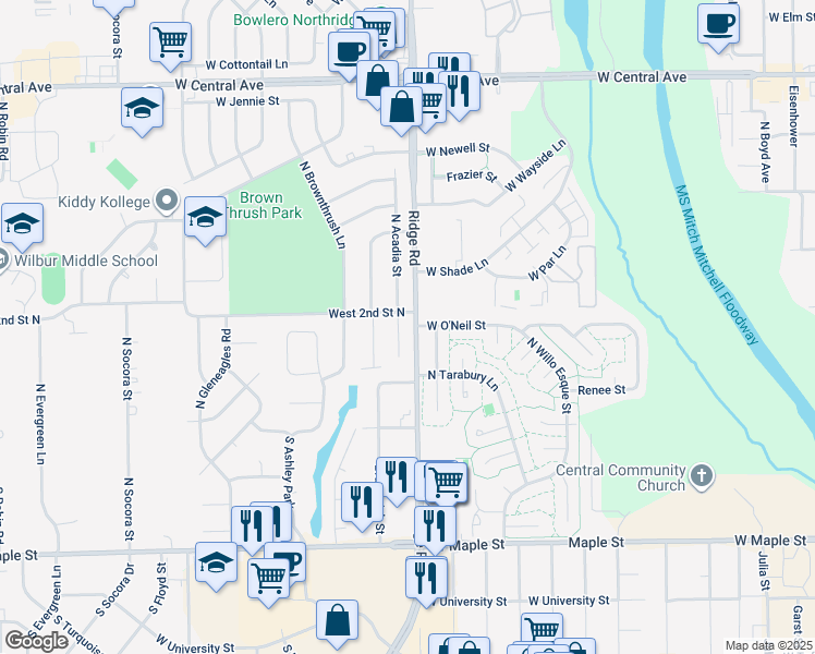 map of restaurants, bars, coffee shops, grocery stores, and more near 222 North Acadia Street in Wichita