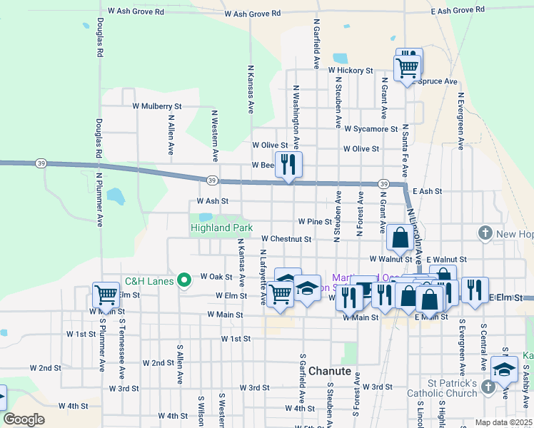 map of restaurants, bars, coffee shops, grocery stores, and more near 416 North Kansas Avenue in Chanute
