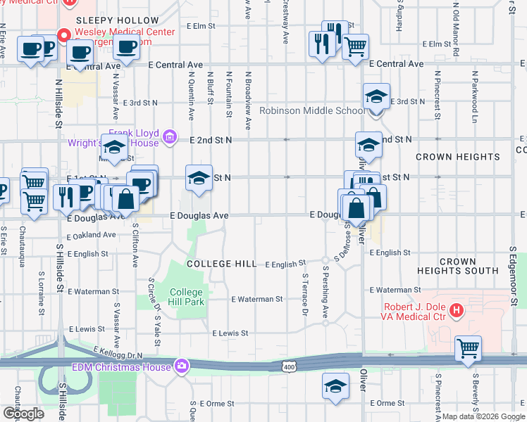 map of restaurants, bars, coffee shops, grocery stores, and more near 114 South Belmont Street in Wichita