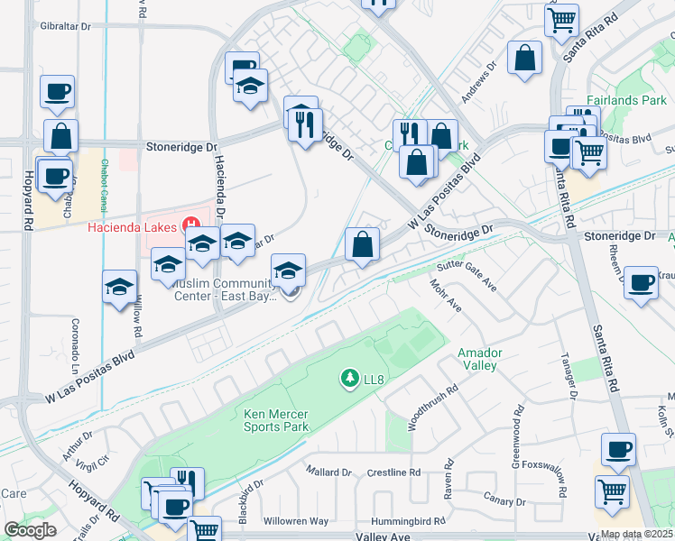 map of restaurants, bars, coffee shops, grocery stores, and more near 5754 Belleza Drive in Pleasanton