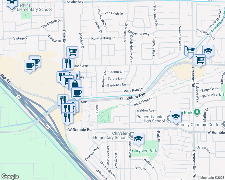 map of restaurants, bars, coffee shops, grocery stores, and more near 2600 Bridle Path Lane in Modesto