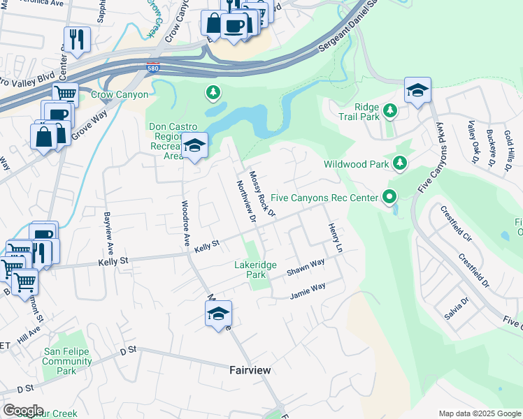 map of restaurants, bars, coffee shops, grocery stores, and more near 22633 Mossy Rock Drive in Hayward