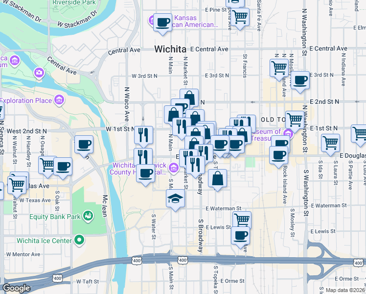 map of restaurants, bars, coffee shops, grocery stores, and more near 125 North Market Street in Wichita