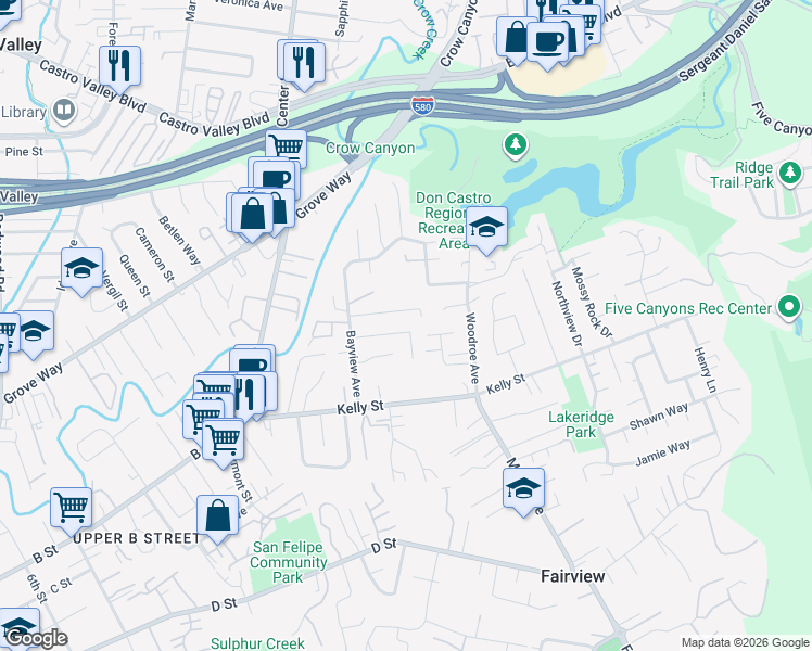 map of restaurants, bars, coffee shops, grocery stores, and more near 2566 Hermosa Terrace in Hayward