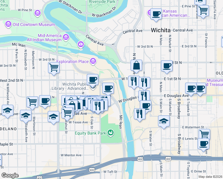 map of restaurants, bars, coffee shops, grocery stores, and more near 200 McLean Boulevard in Wichita