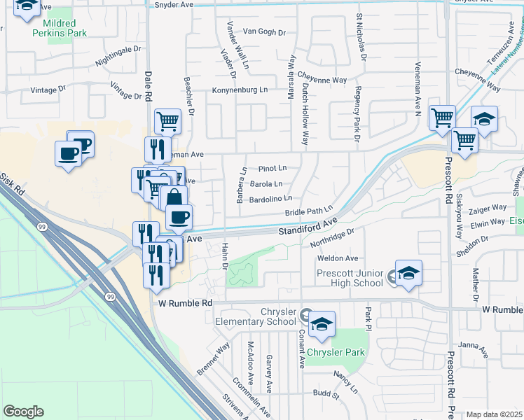 map of restaurants, bars, coffee shops, grocery stores, and more near 2600 Bridle Path Lane in Modesto
