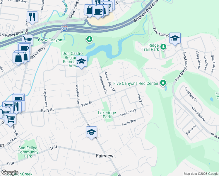 map of restaurants, bars, coffee shops, grocery stores, and more near 3166 Kelly Street in Hayward