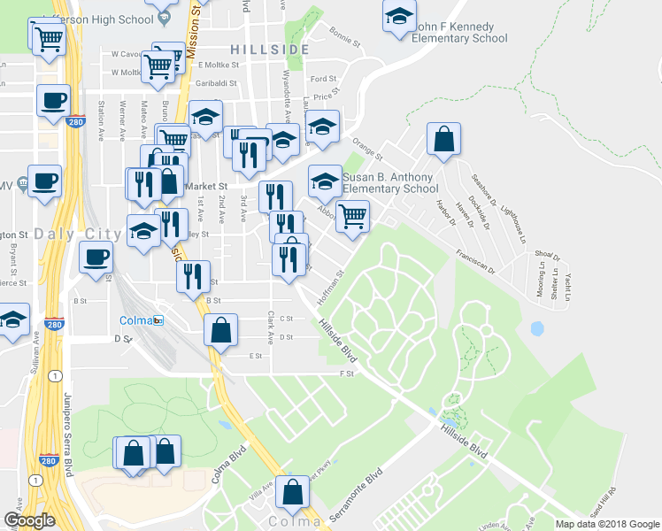 map of restaurants, bars, coffee shops, grocery stores, and more near 672 Villa Street in Daly City