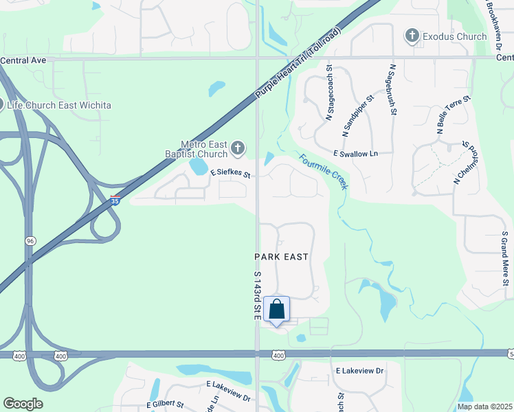 map of restaurants, bars, coffee shops, grocery stores, and more near N 143rd St E in Wichita
