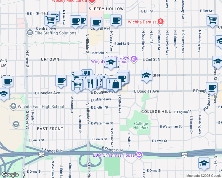 map of restaurants, bars, coffee shops, grocery stores, and more near 3407 East Douglas Avenue in Wichita