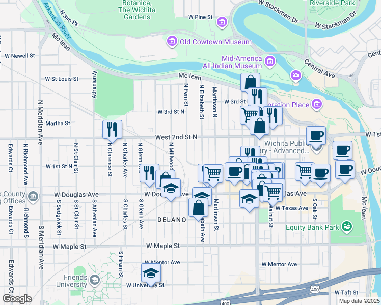 map of restaurants, bars, coffee shops, grocery stores, and more near 1501-1599 W 1st Street North in Wichita