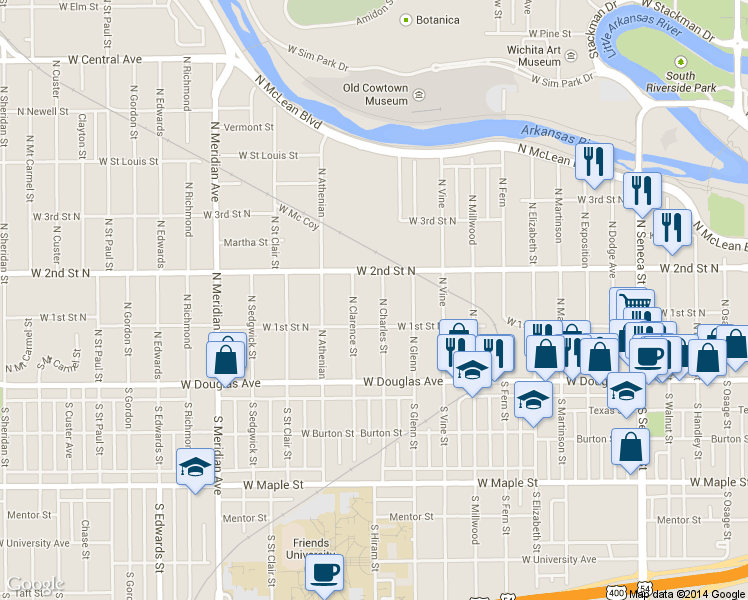 map of restaurants, bars, coffee shops, grocery stores, and more near 200 North Clarence Street in Wichita