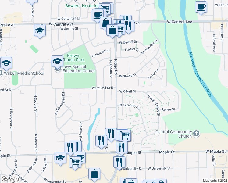 map of restaurants, bars, coffee shops, grocery stores, and more near 222 North Acadia Street in Wichita