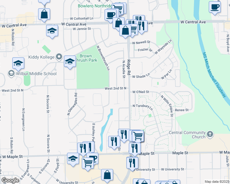 map of restaurants, bars, coffee shops, grocery stores, and more near 223 Brunswick Street in Wichita