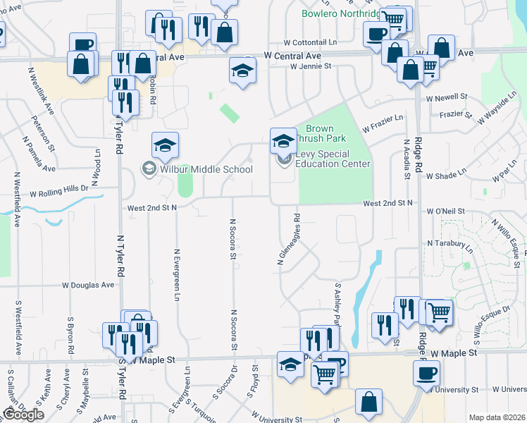 map of restaurants, bars, coffee shops, grocery stores, and more near 265 North Woodchuck Street in Wichita
