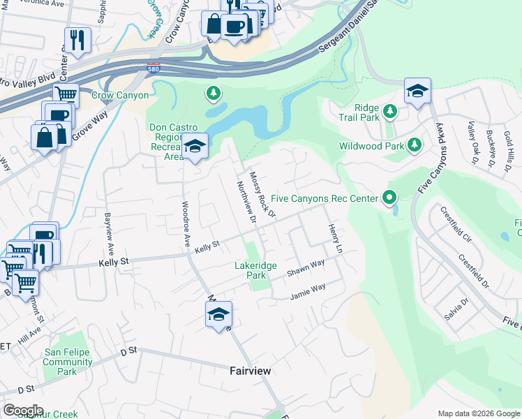 map of restaurants, bars, coffee shops, grocery stores, and more near 22633 Mossy Rock Drive in Hayward