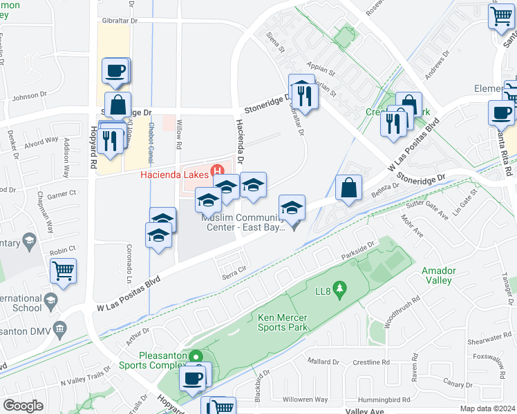 map of restaurants, bars, coffee shops, grocery stores, and more near 5627 Gibraltar Drive in Pleasanton